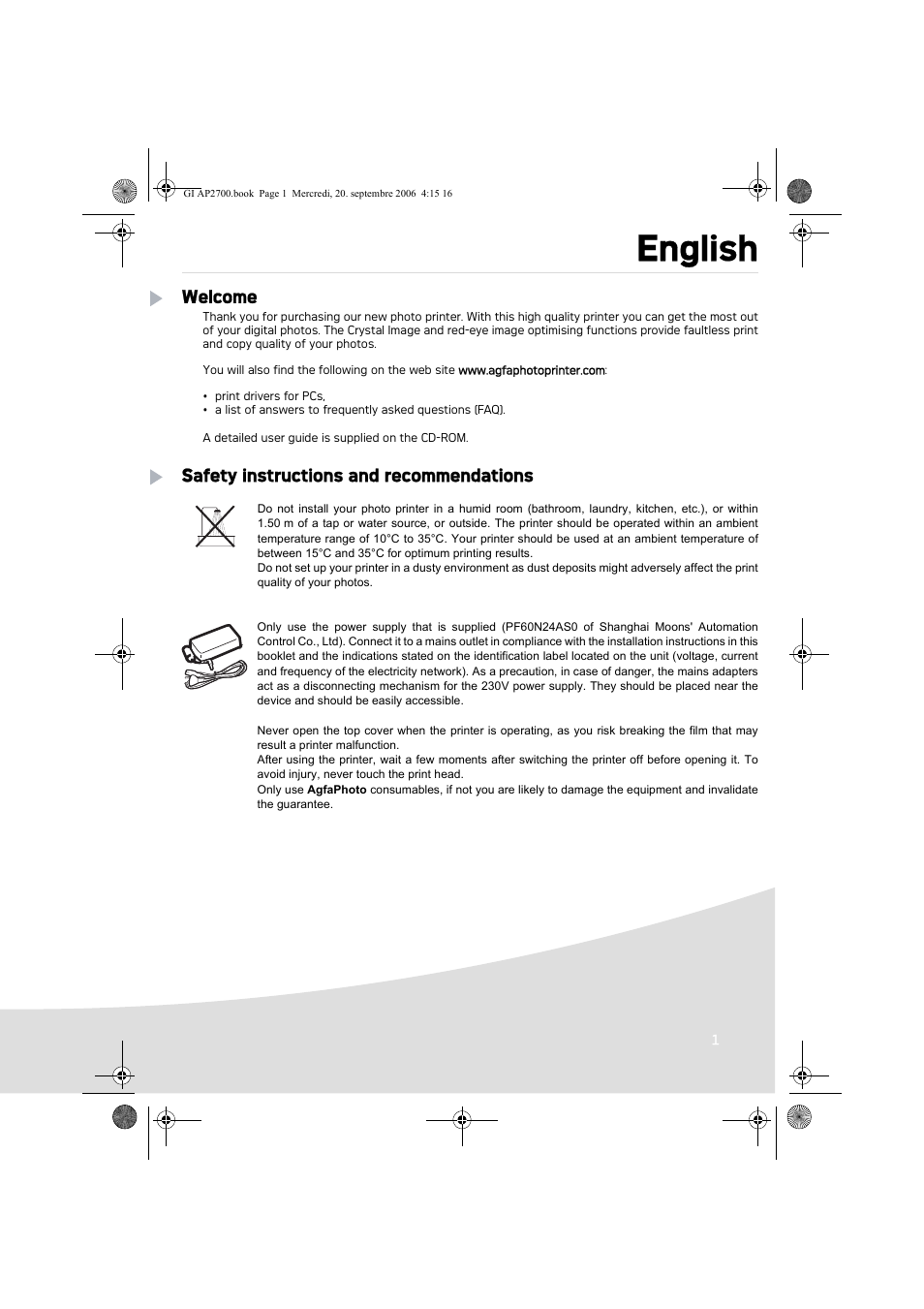 English, Welcome, Safety instructions and recommendations | AGFA AP2700 User Manual | Page 3 / 192