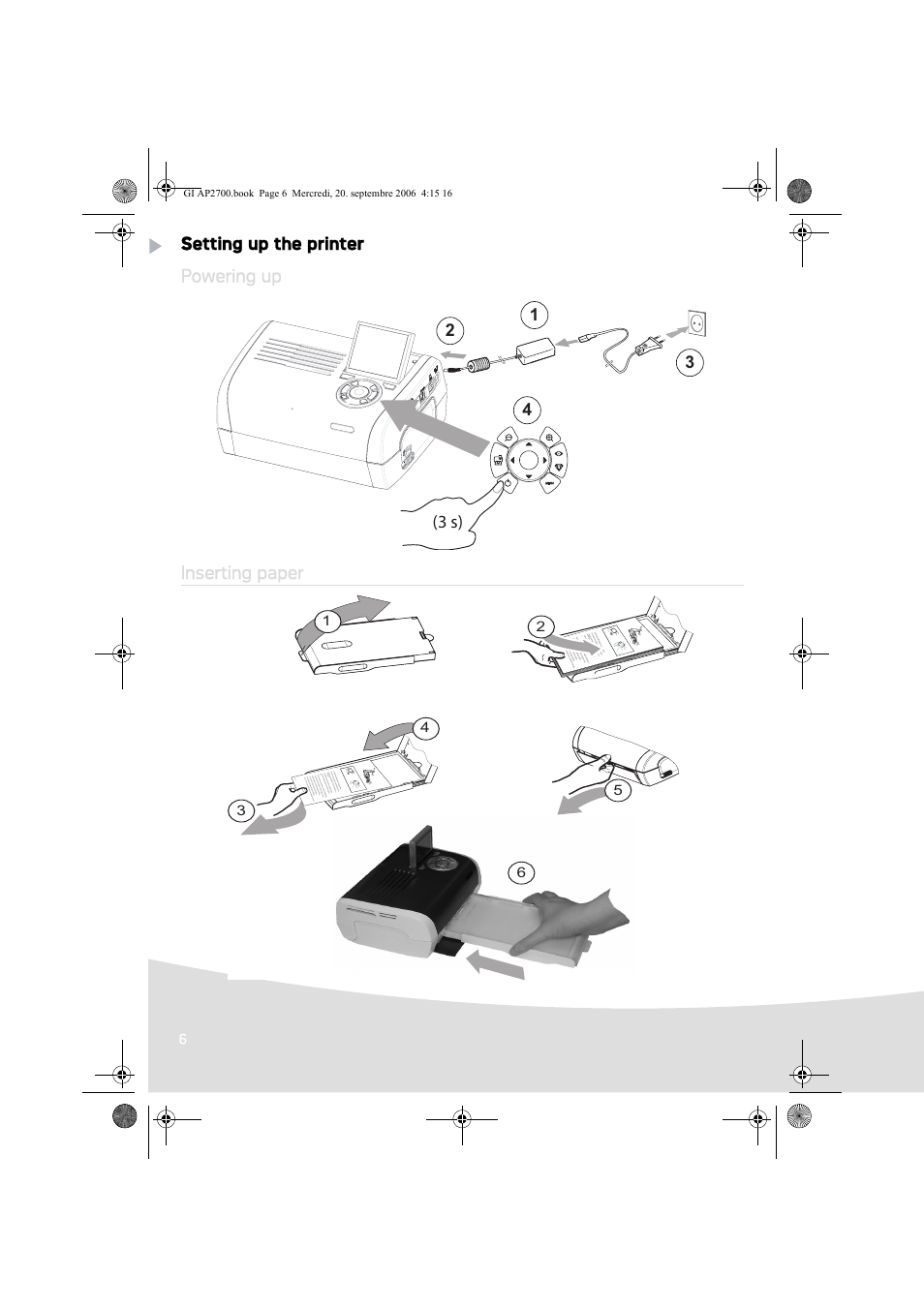 Setting up the printer powering up inserting paper, 3 s) | AGFA AP2700 User Manual | Page 8 / 192