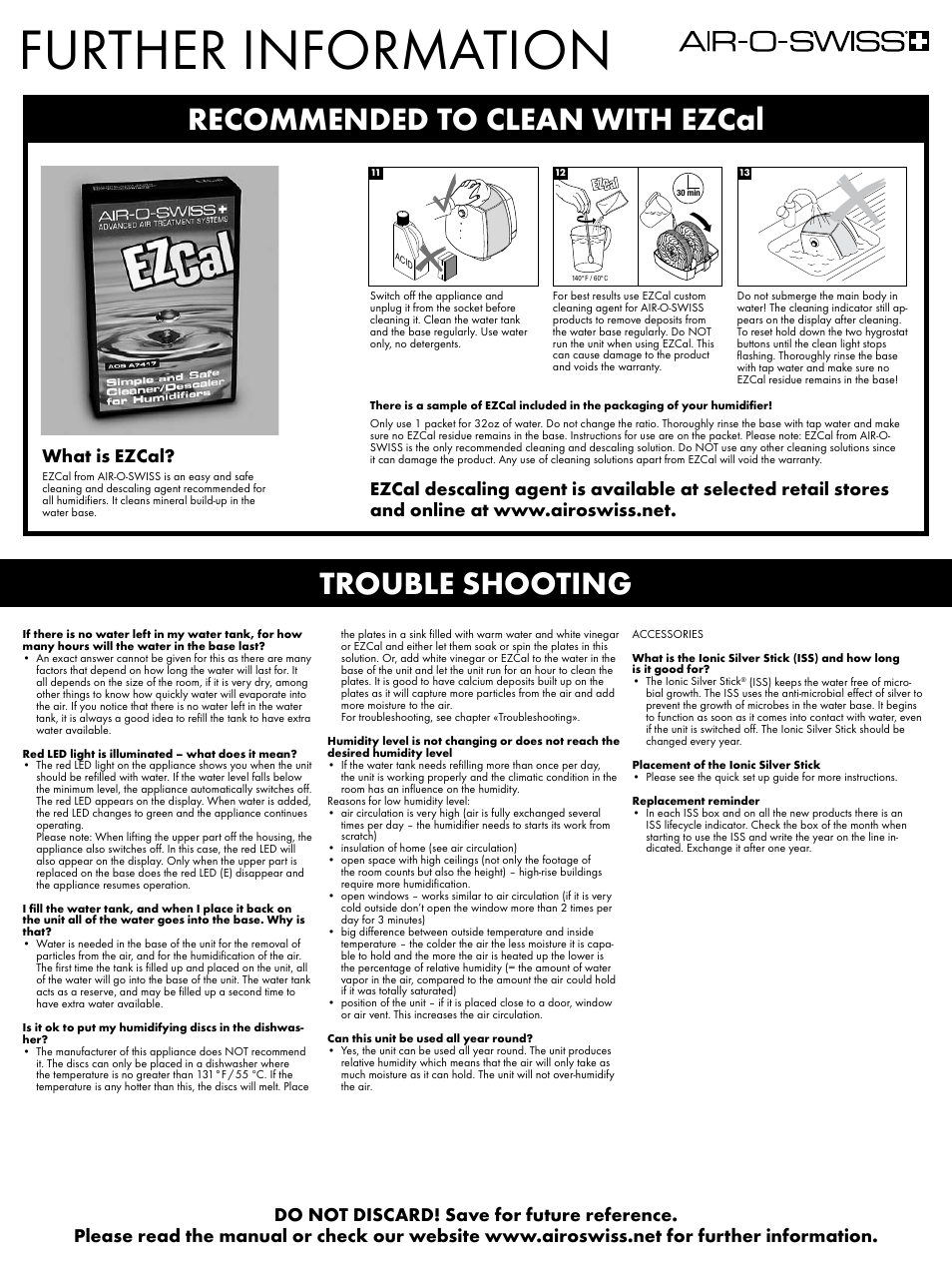Further information, Recommended to clean with ezcal trouble shooting, What is ezcal | Air-O-Swiss 2055A User Manual | Page 2 / 2