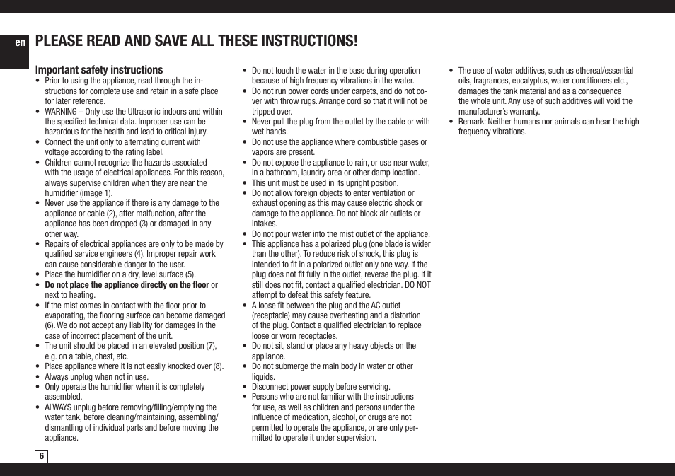 Please read and save all these instructions, En important safety instructions | Air-O-Swiss AOS 7131 User Manual | Page 6 / 17