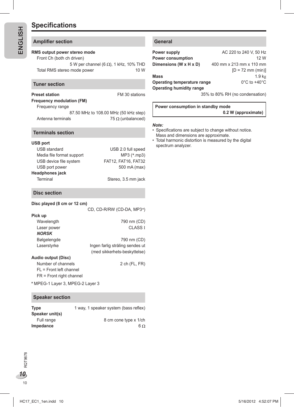 Specifications, En g l is h english | Panasonic SCHC17EC User Manual | Page 10 / 64