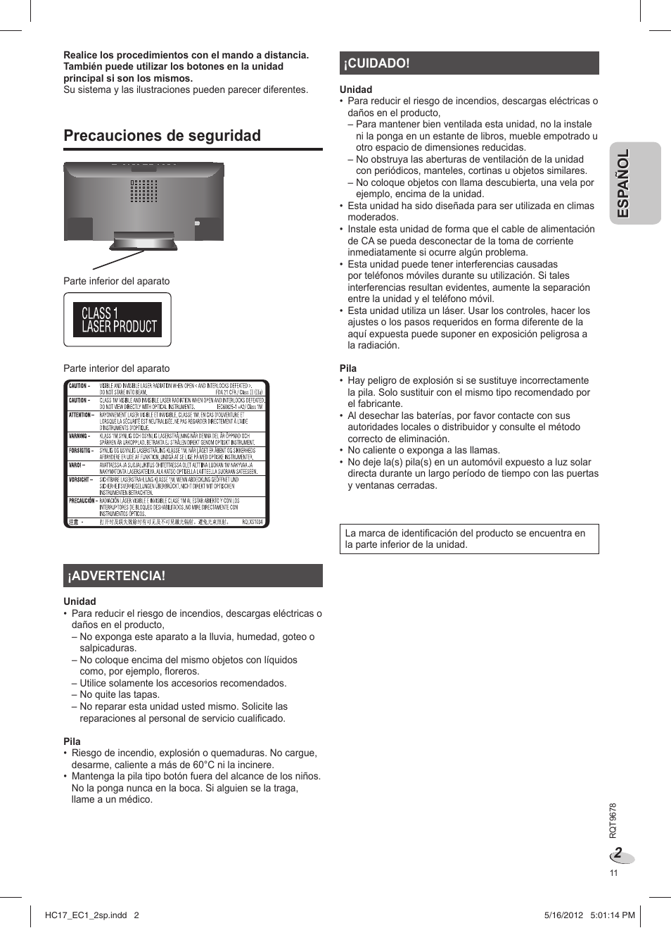 Sc-hc17ec_rqt9678-1e_2sp, Precauciones de seguridad | Panasonic SCHC17EC User Manual | Page 11 / 64