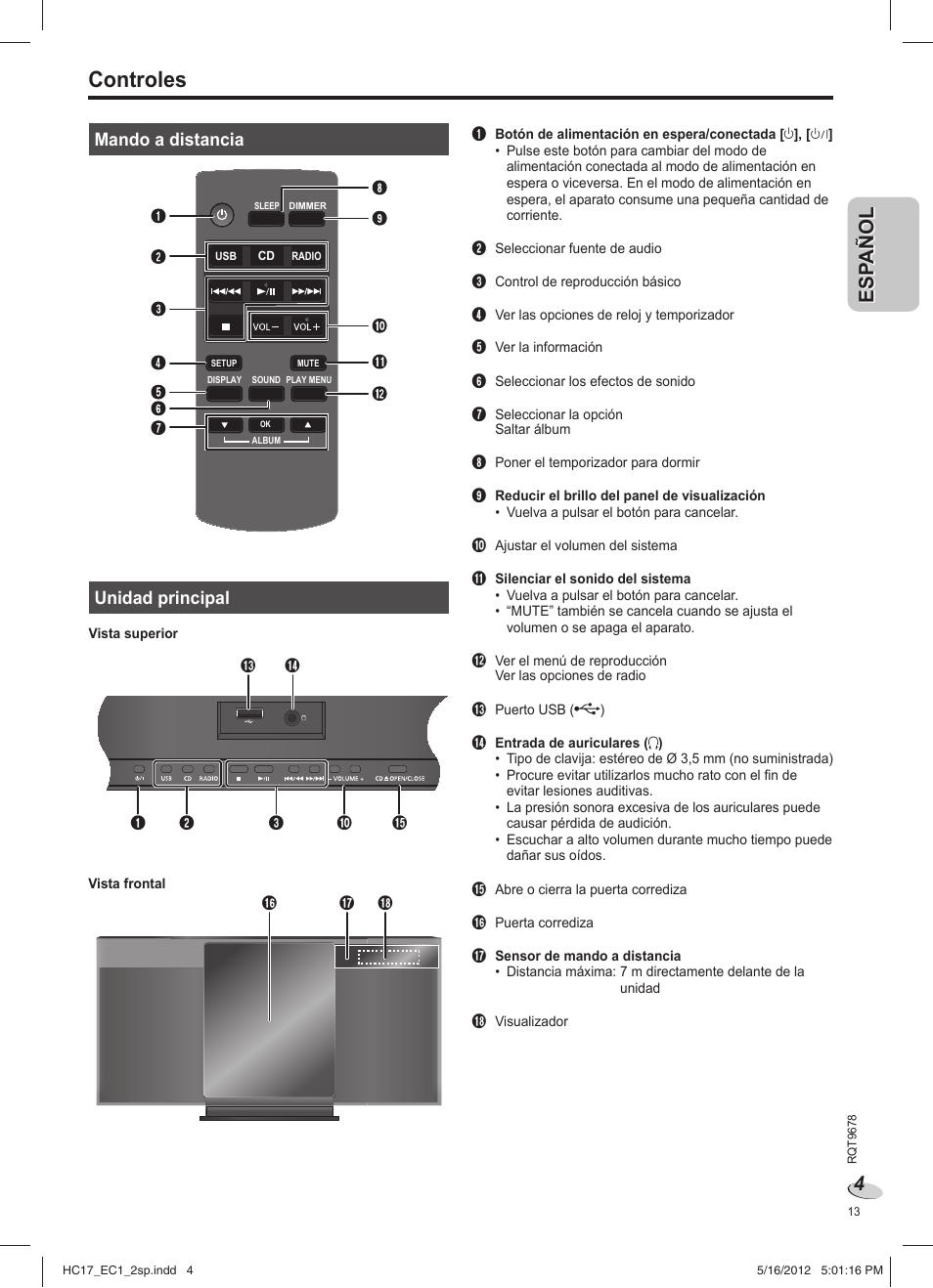 Controles | Panasonic SCHC17EC User Manual | Page 13 / 64