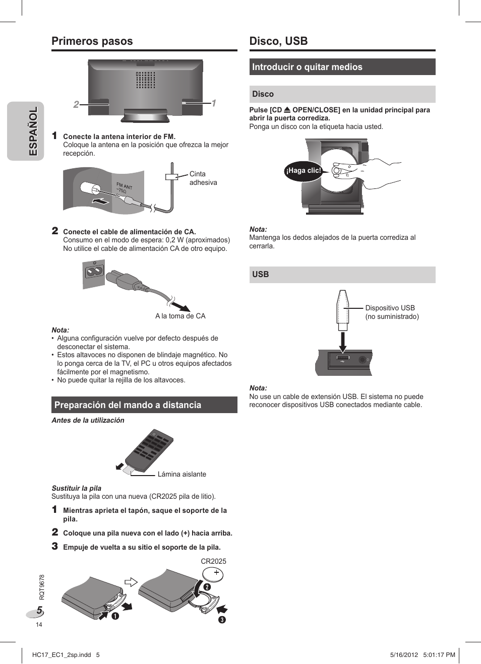 Disco, usb, Primeros pasos | Panasonic SCHC17EC User Manual | Page 14 / 64