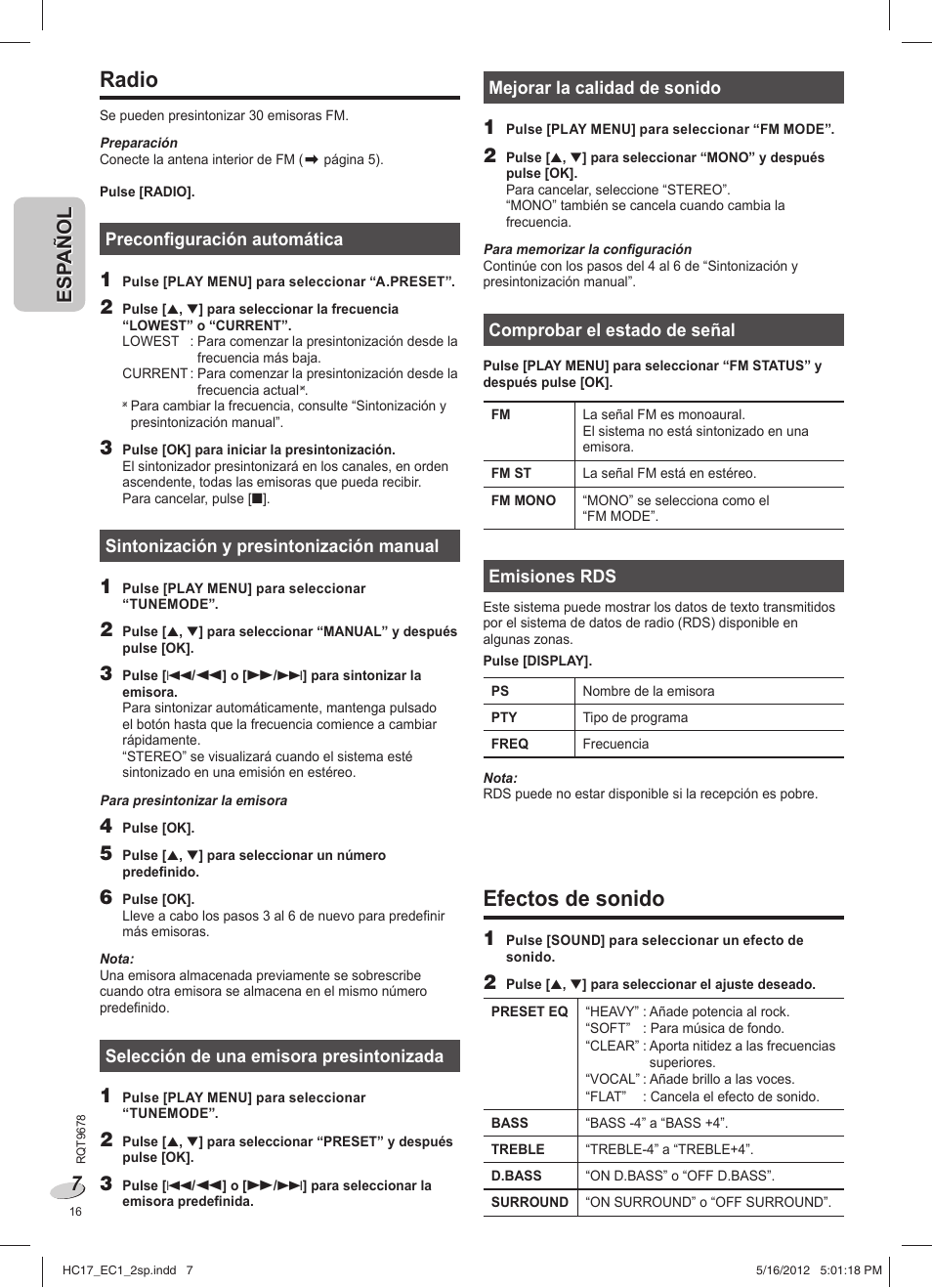 Radio, Efectos de sonido | Panasonic SCHC17EC User Manual | Page 16 / 64