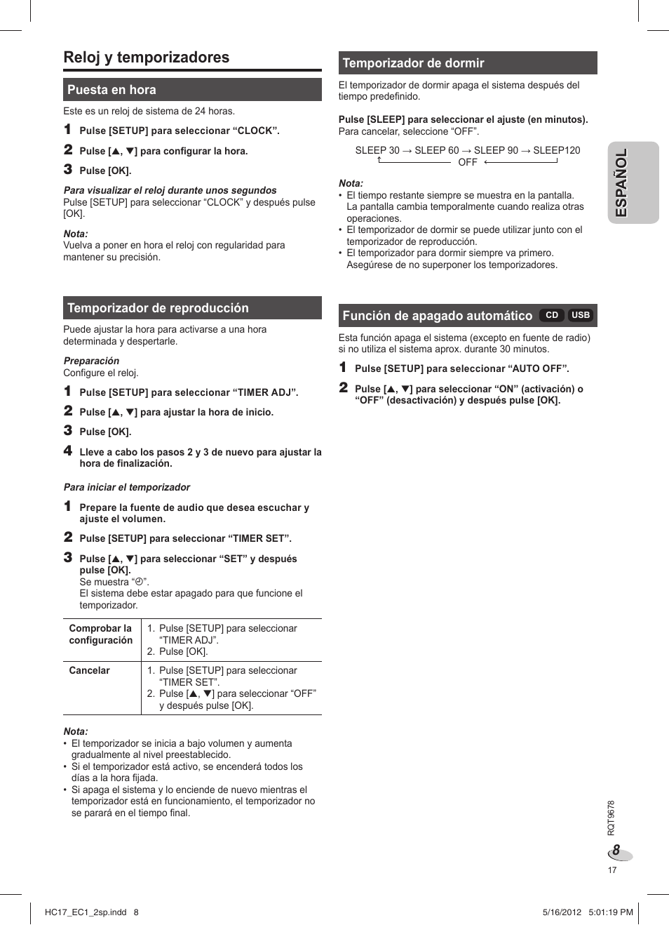 Reloj y temporizadores | Panasonic SCHC17EC User Manual | Page 17 / 64