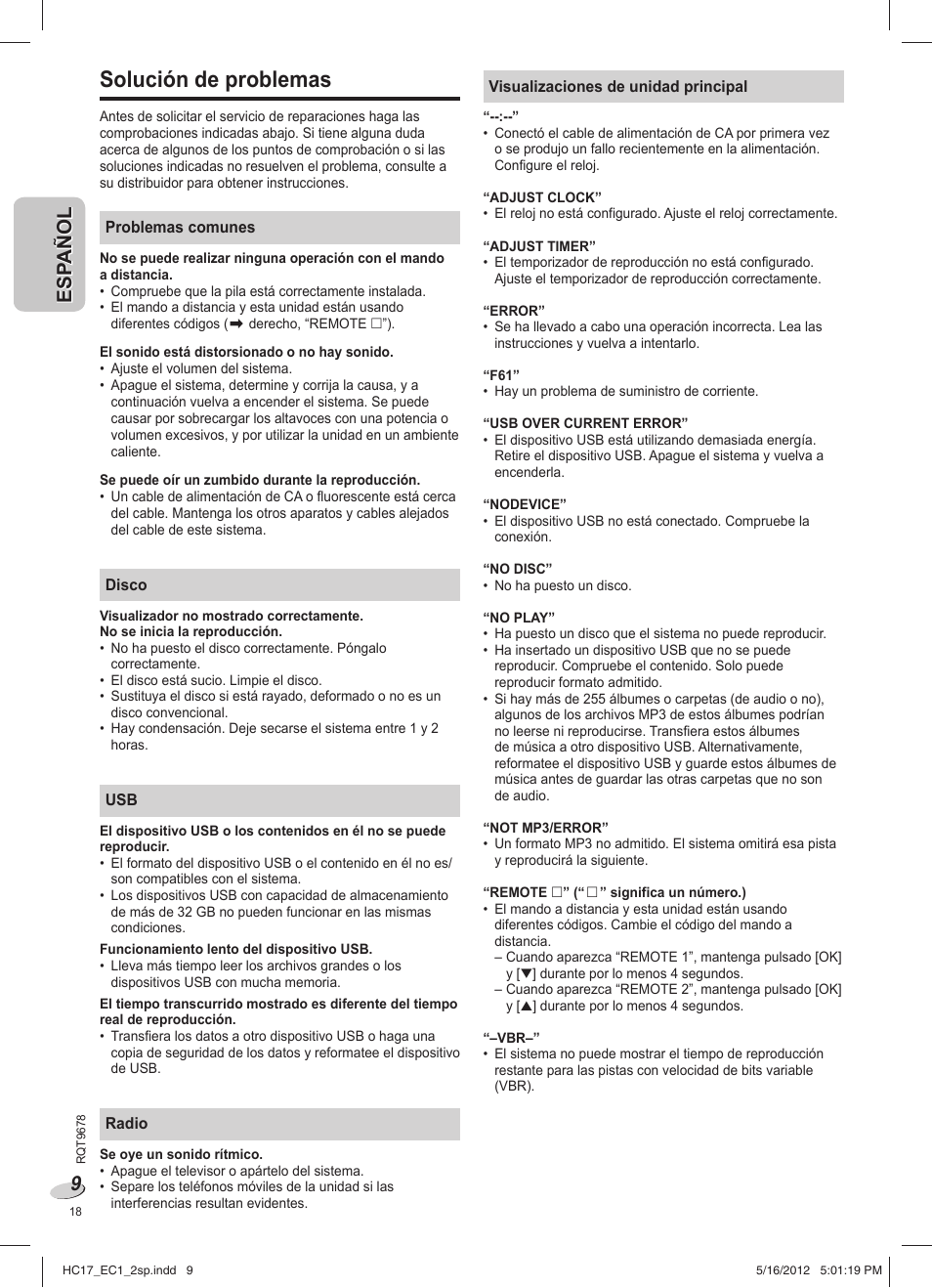 Solución de problemas | Panasonic SCHC17EC User Manual | Page 18 / 64