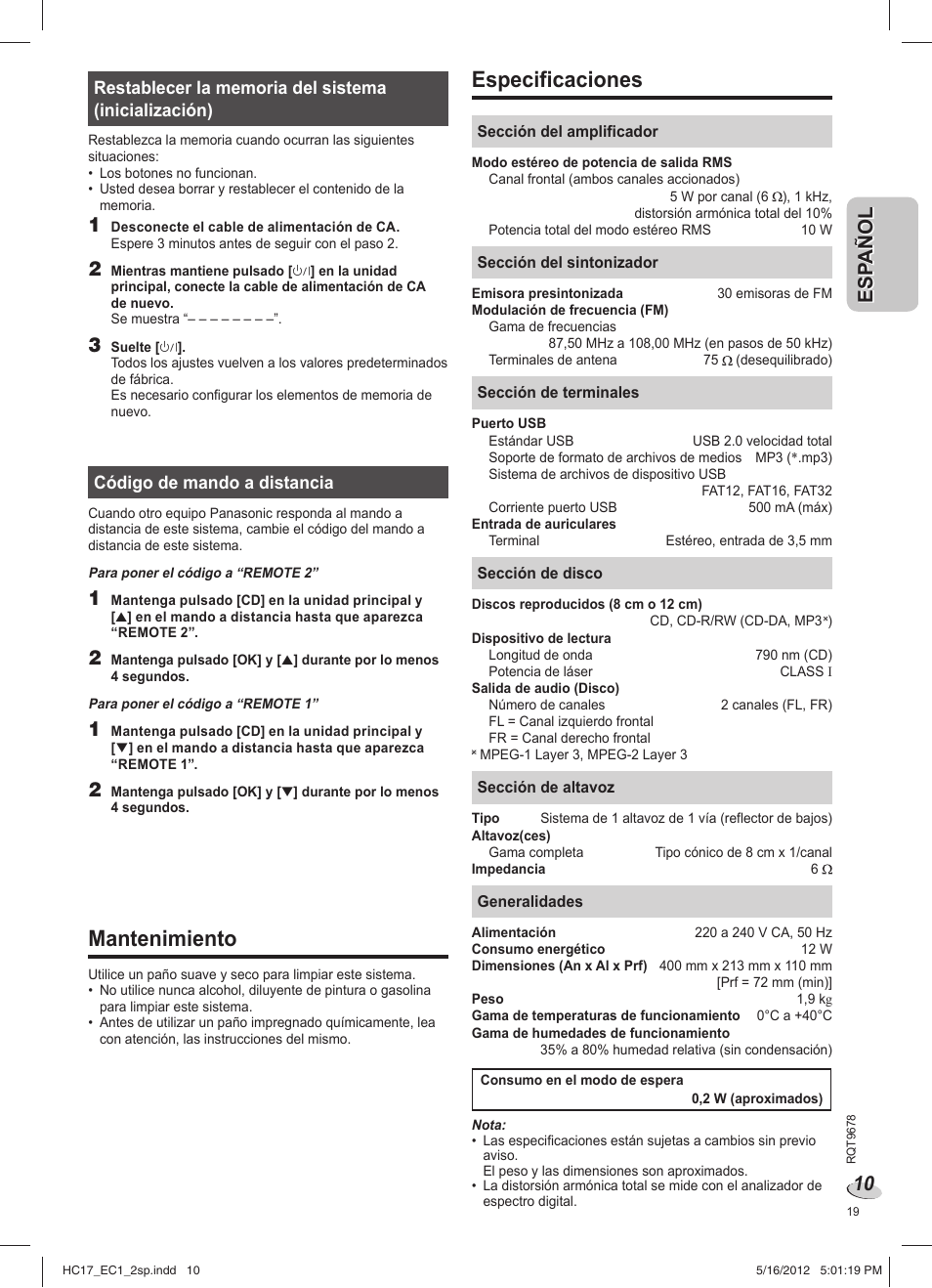 Especificaciones, Mantenimiento | Panasonic SCHC17EC User Manual | Page 19 / 64