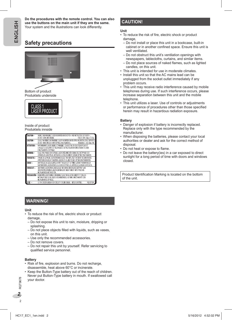 Safety precautions, En g l is h english | Panasonic SCHC17EC User Manual | Page 2 / 64