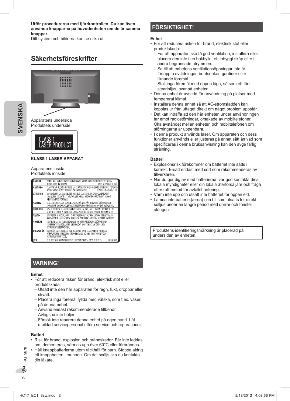 Sc-hc17ec_rqt9678-1e_3sw, Säkerhetsföreskrifter | Panasonic SCHC17EC User Manual | Page 20 / 64