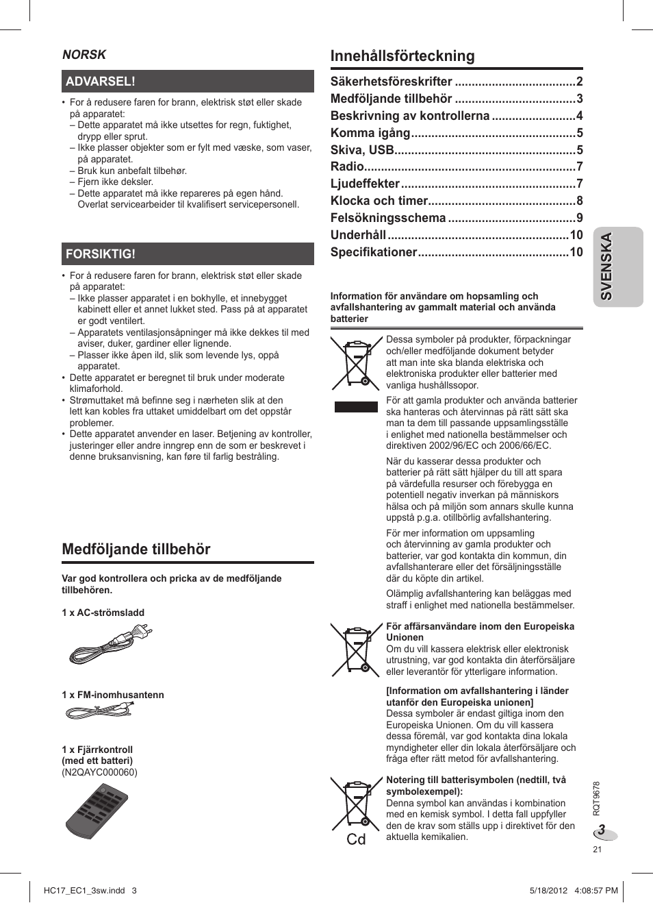 Medföljande tillbehör, Innehållsförteckning | Panasonic SCHC17EC User Manual | Page 21 / 64