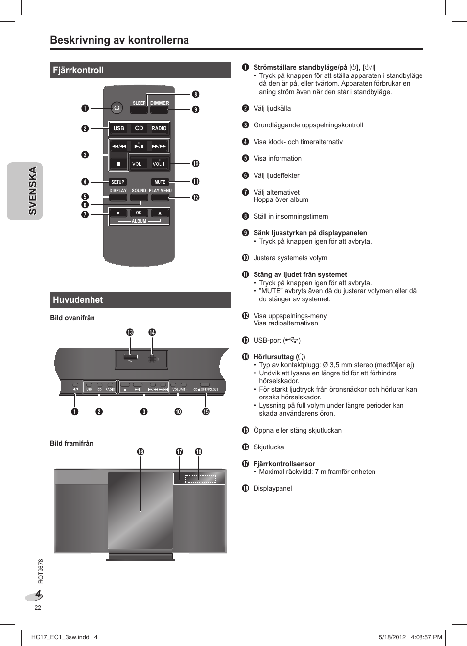 Beskrivning av kontrollerna | Panasonic SCHC17EC User Manual | Page 22 / 64