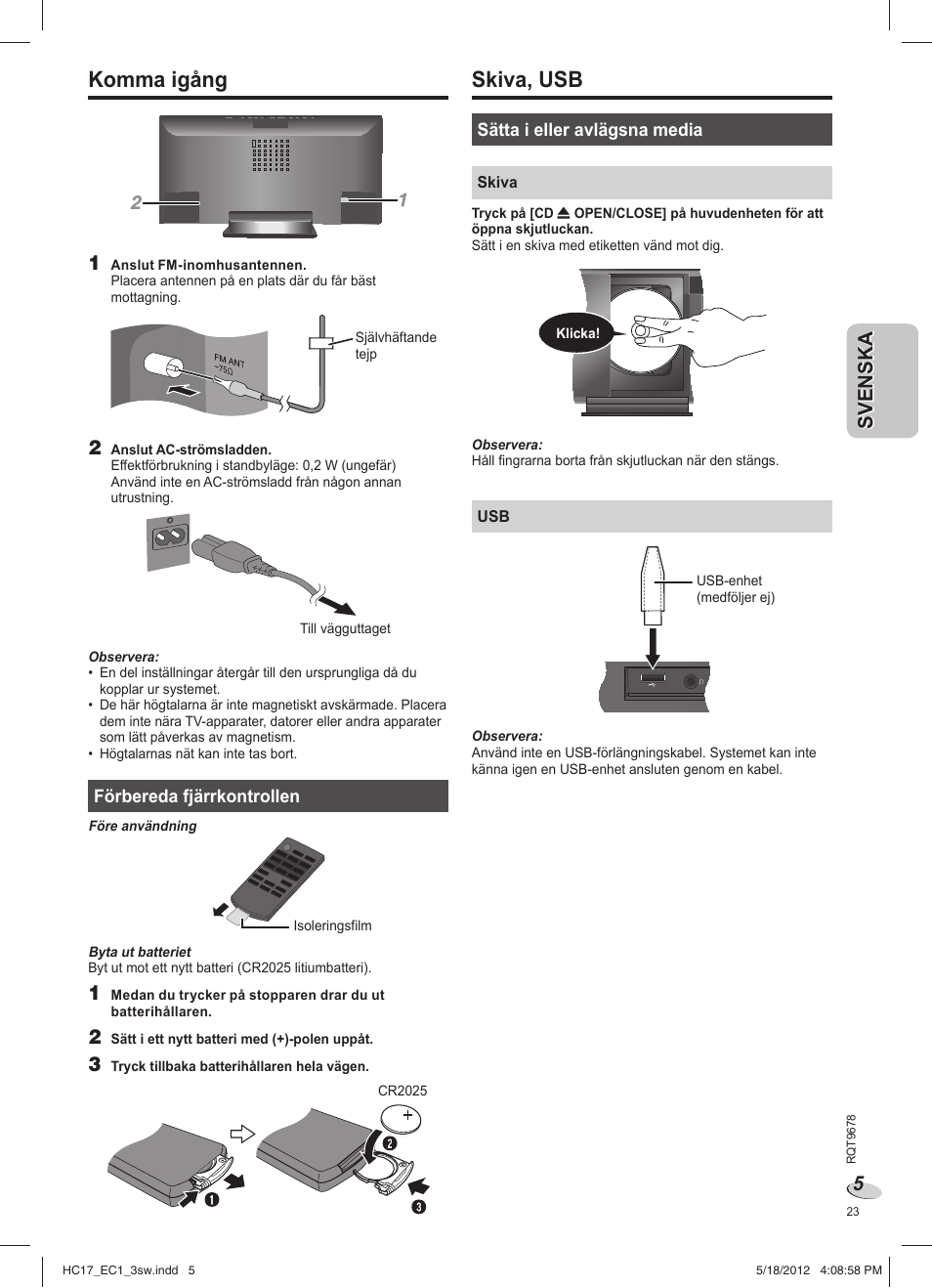 Skiva, usb, Komma igång | Panasonic SCHC17EC User Manual | Page 23 / 64