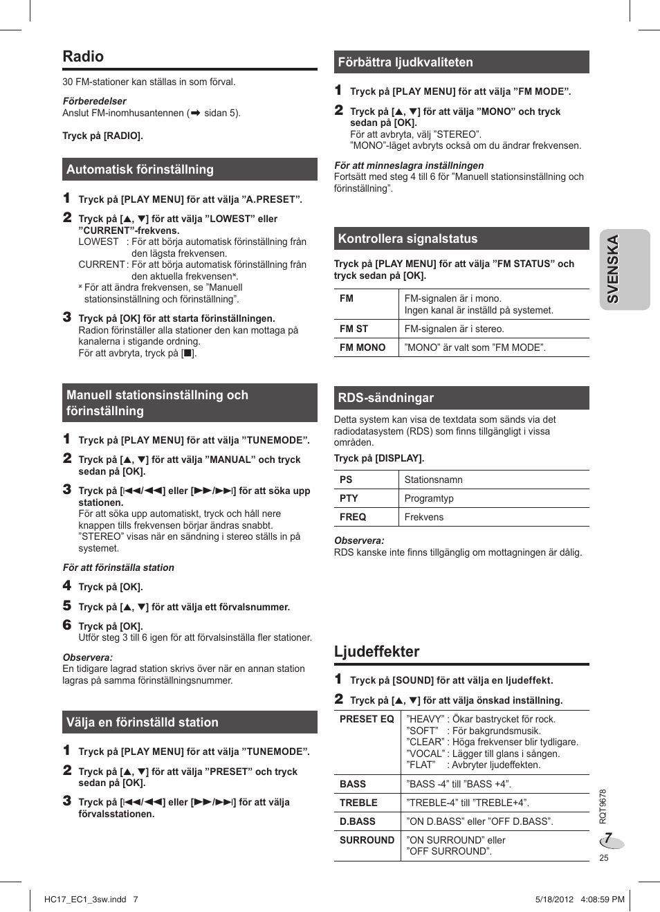 Radio, Ljudeffekter | Panasonic SCHC17EC User Manual | Page 25 / 64