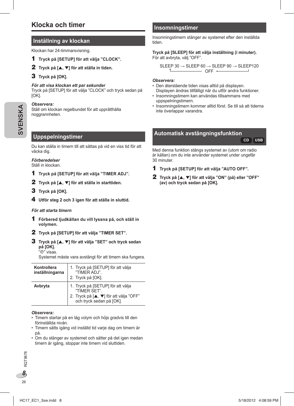 Klocka och timer | Panasonic SCHC17EC User Manual | Page 26 / 64