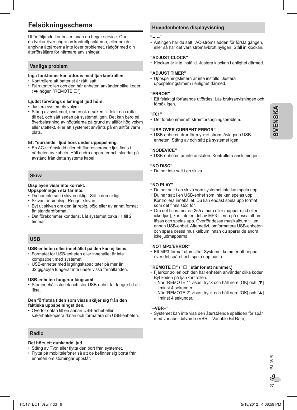 Felsökningsschema | Panasonic SCHC17EC User Manual | Page 27 / 64