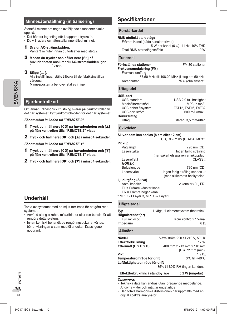 Specifikationer, Underhåll | Panasonic SCHC17EC User Manual | Page 28 / 64