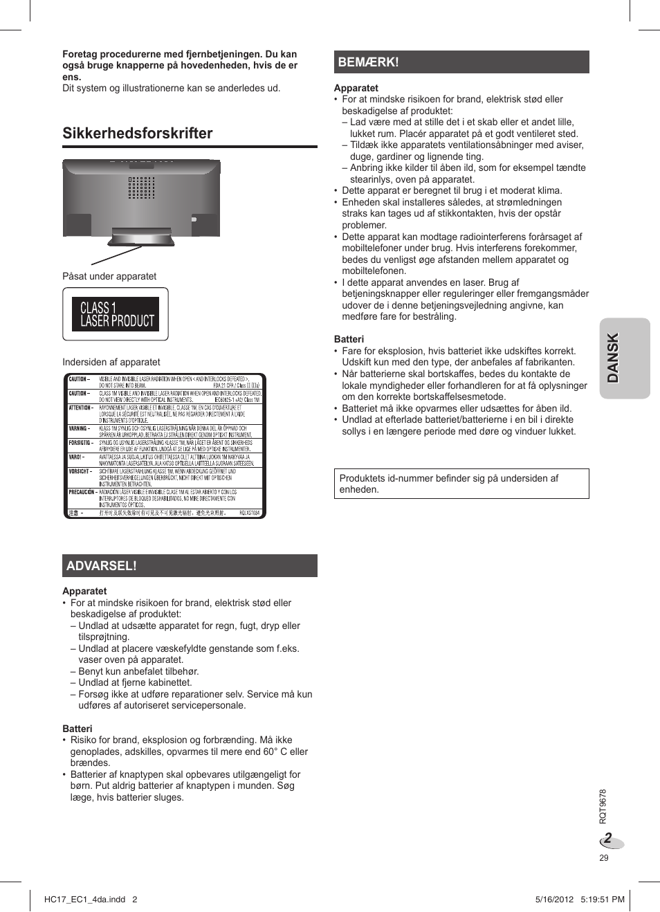 Sc-hc17ec_rqt9678-1e_4da, Sikkerhedsforskrifter | Panasonic SCHC17EC User Manual | Page 29 / 64