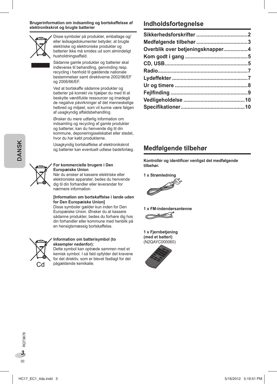 Medfølgende tilbehør, Indholdsfortegnelse | Panasonic SCHC17EC User Manual | Page 30 / 64