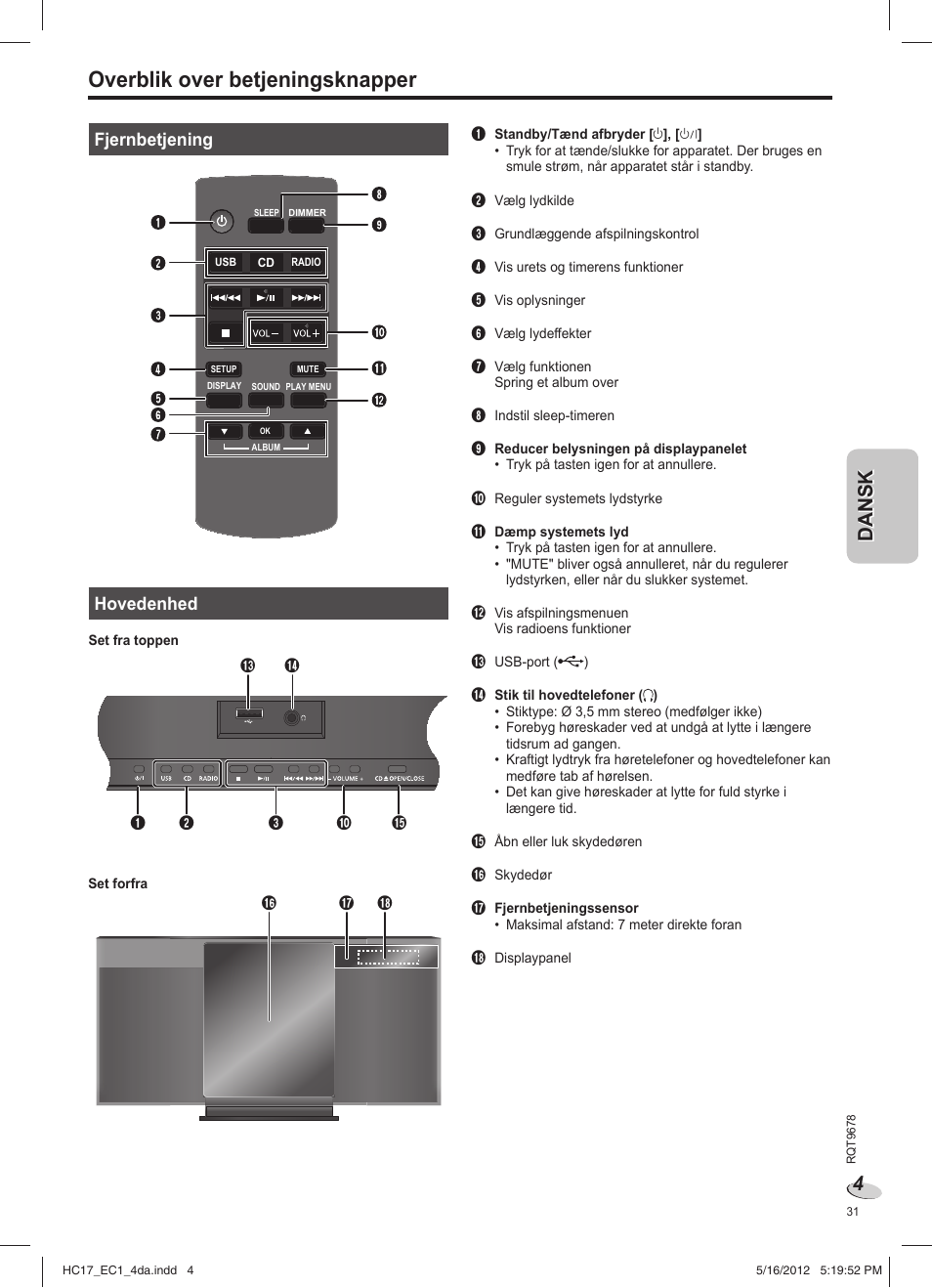 Overblik over betjeningsknapper | Panasonic SCHC17EC User Manual | Page 31 / 64