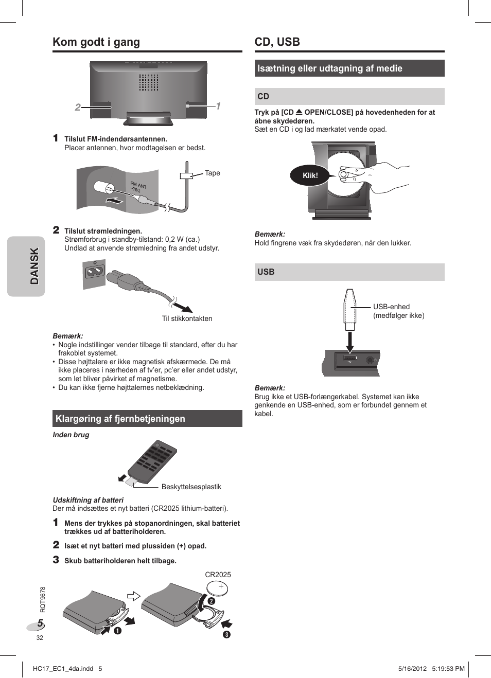 Cd, usb, Kom godt i gang | Panasonic SCHC17EC User Manual | Page 32 / 64