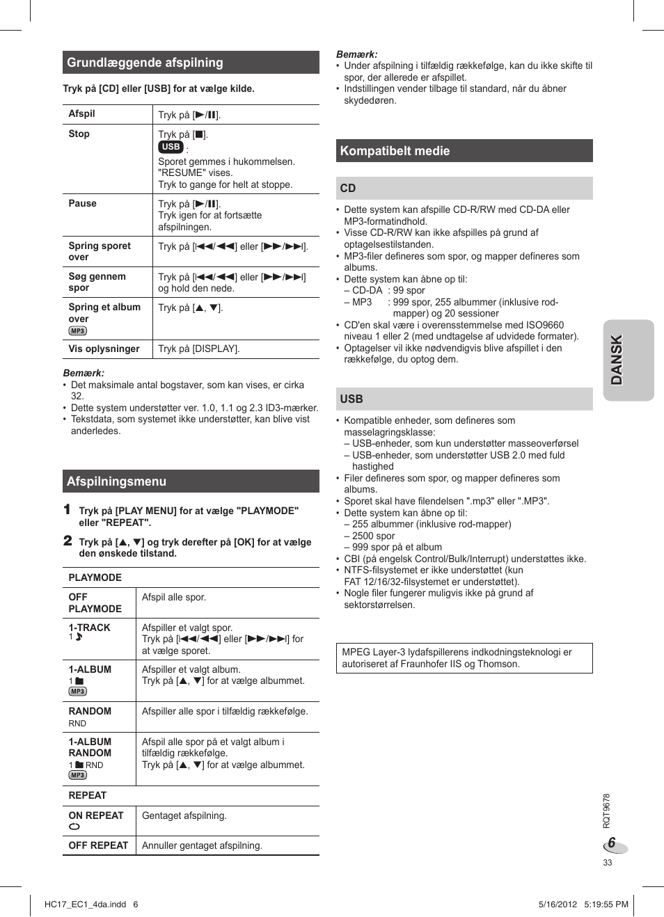 Grundlæggende afspilning, Afspilningsmenu, Kompatibelt medie | Panasonic SCHC17EC User Manual | Page 33 / 64