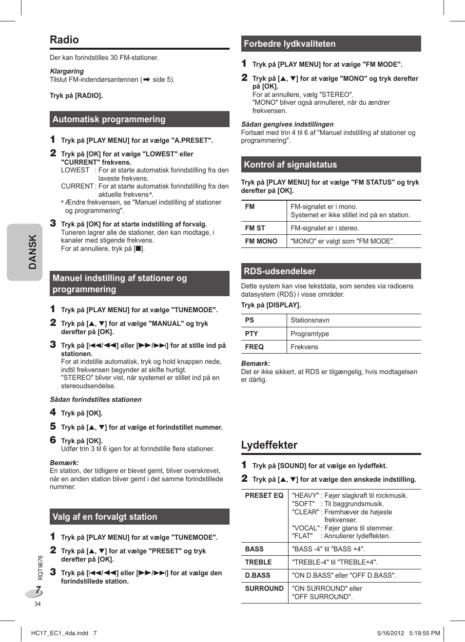 Lydeffekter, Radio | Panasonic SCHC17EC User Manual | Page 34 / 64