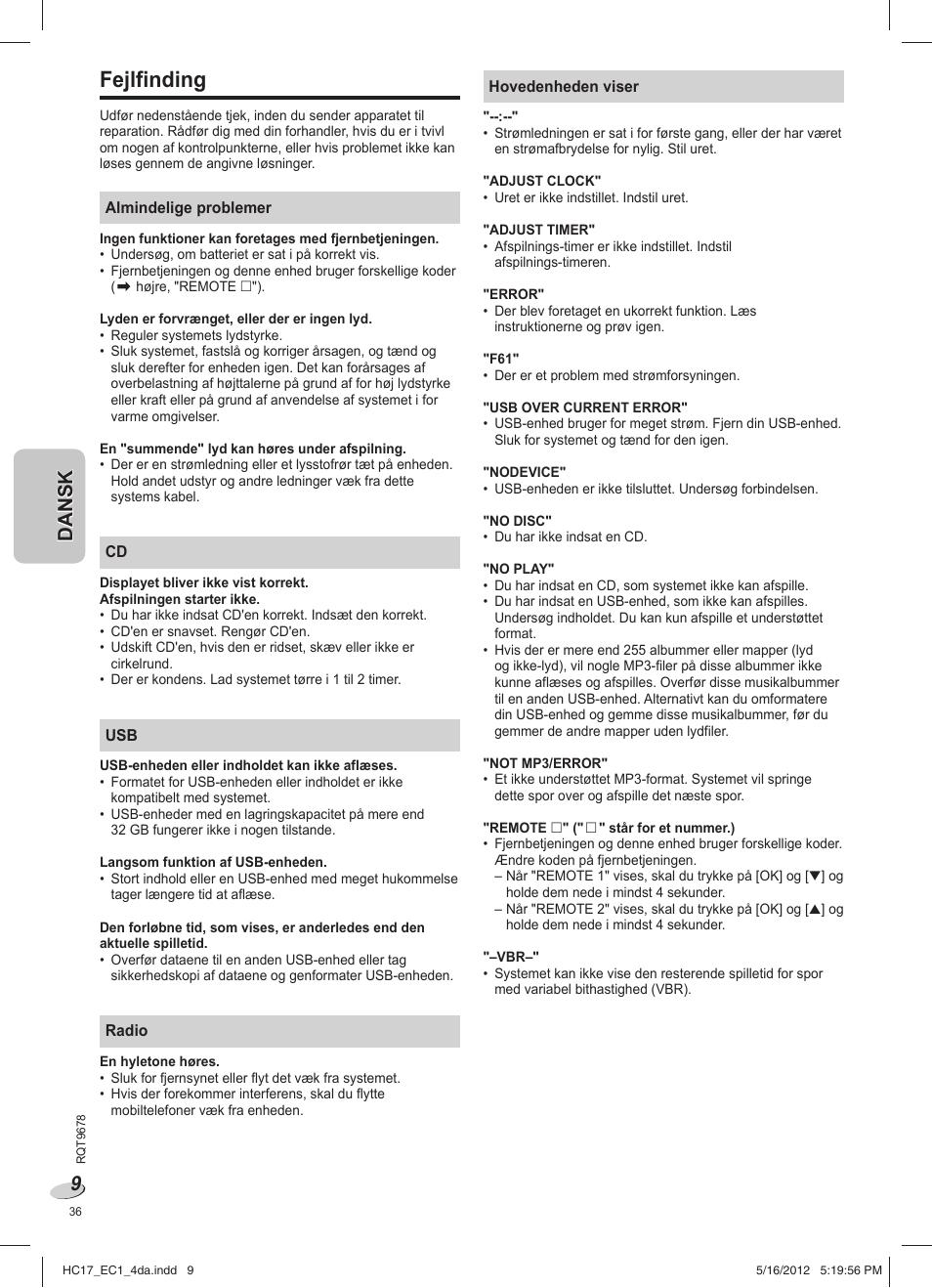 Fejlfinding | Panasonic SCHC17EC User Manual | Page 36 / 64