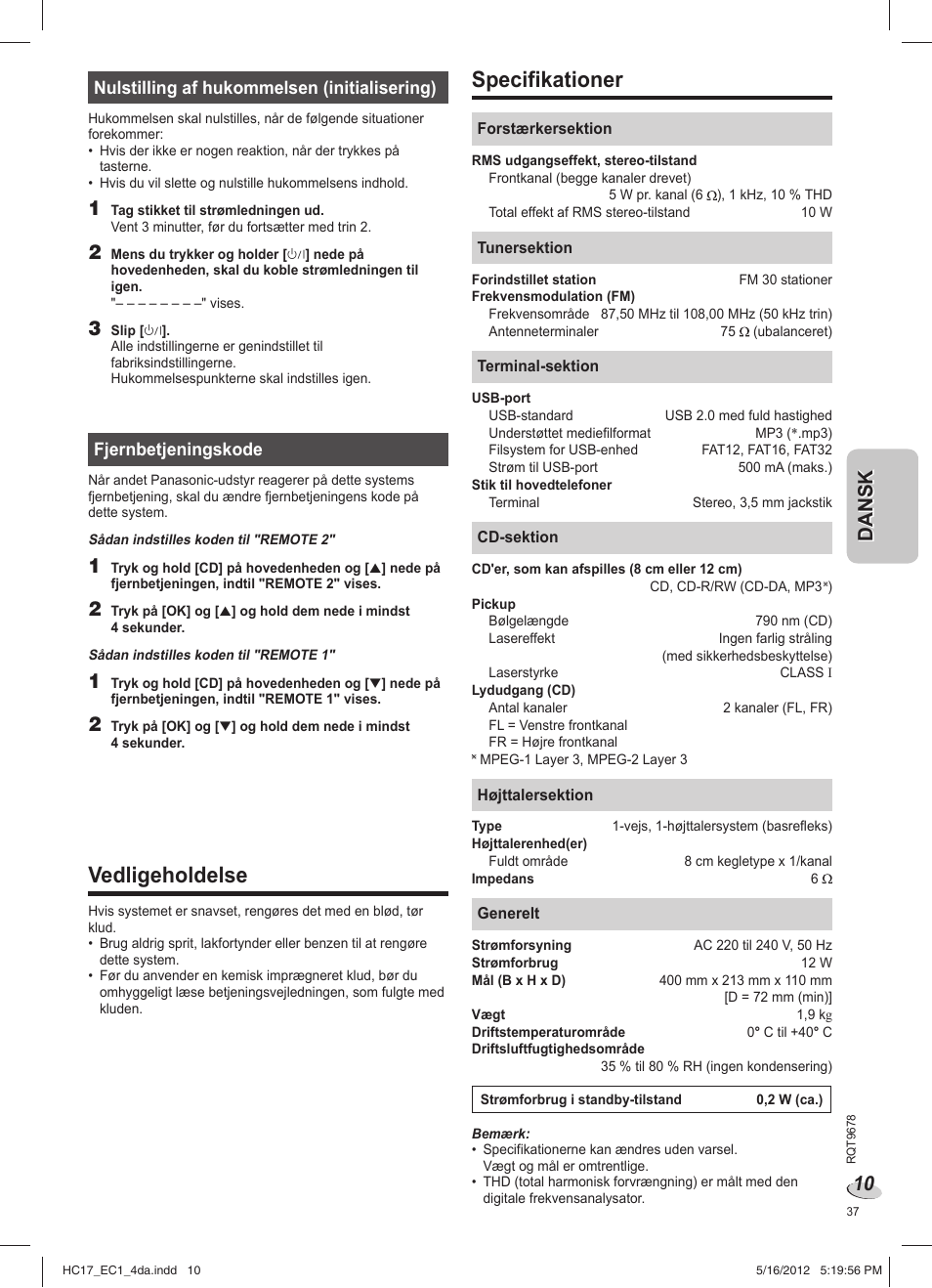 Specifikationer, Vedligeholdelse | Panasonic SCHC17EC User Manual | Page 37 / 64