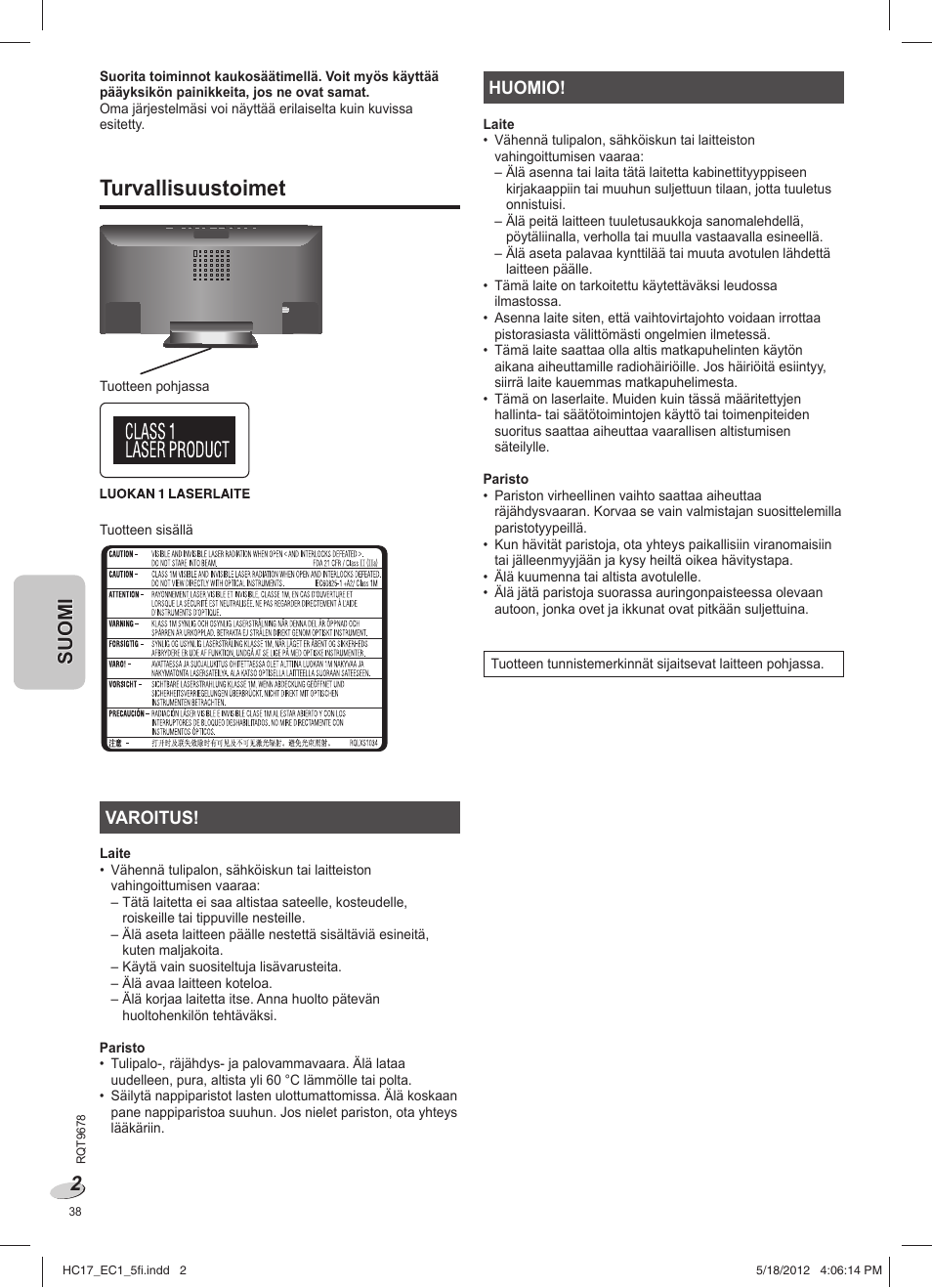 Sc-hc17ec_rqt9678-1e_5fi, Turvallisuustoimet | Panasonic SCHC17EC User Manual | Page 38 / 64