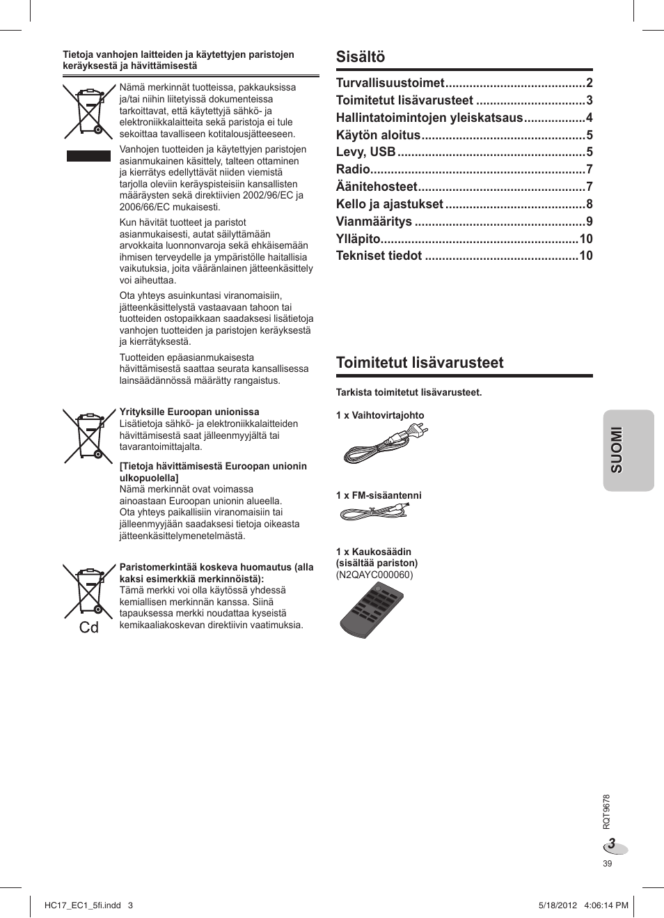 Sisältö, Toimitetut lisävarusteet | Panasonic SCHC17EC User Manual | Page 39 / 64