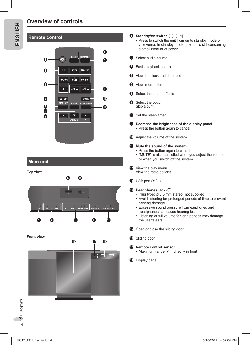 Overview of controls, En g l is h english | Panasonic SCHC17EC User Manual | Page 4 / 64