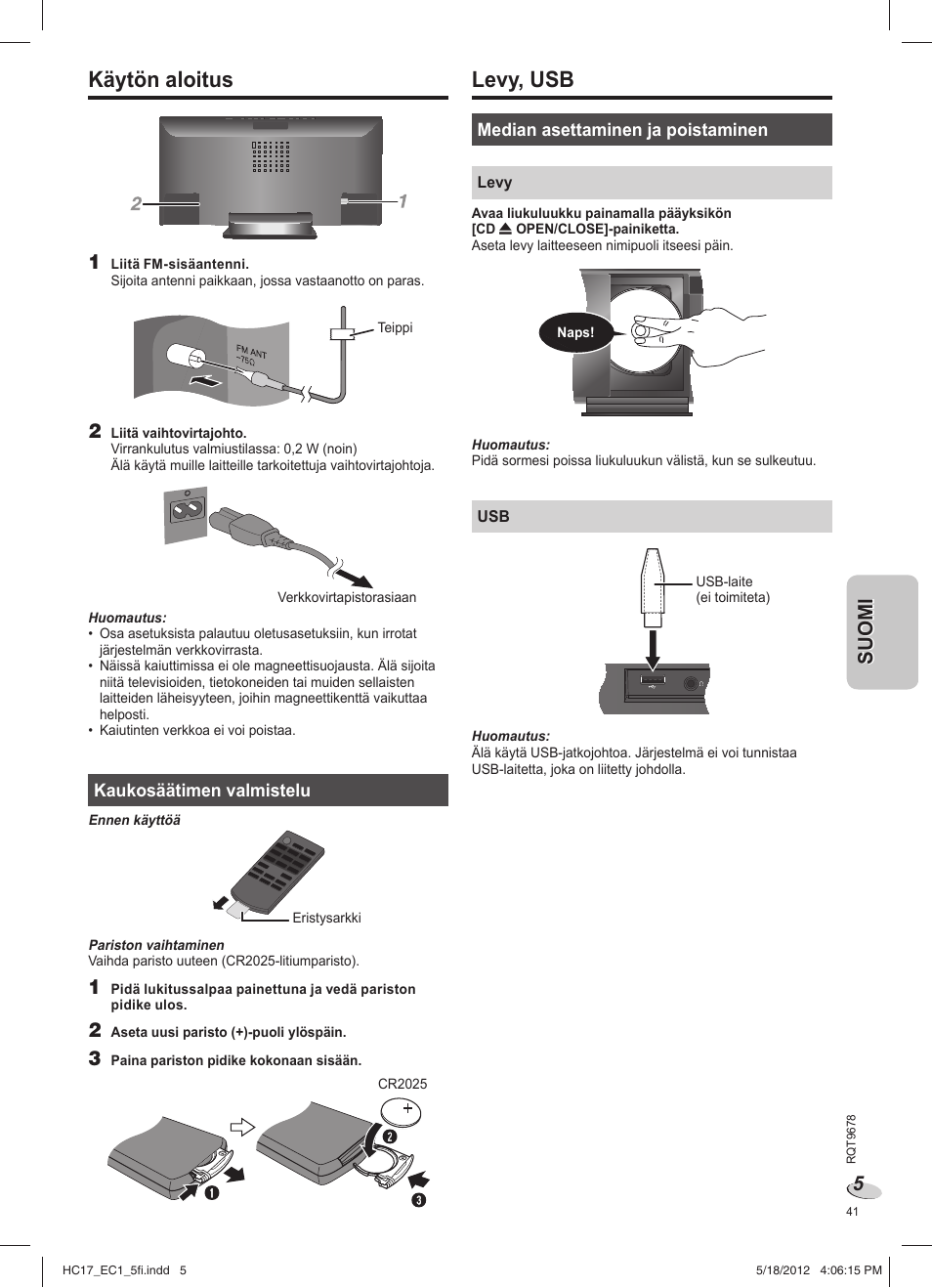 Levy, usb, Käytön aloitus | Panasonic SCHC17EC User Manual | Page 41 / 64