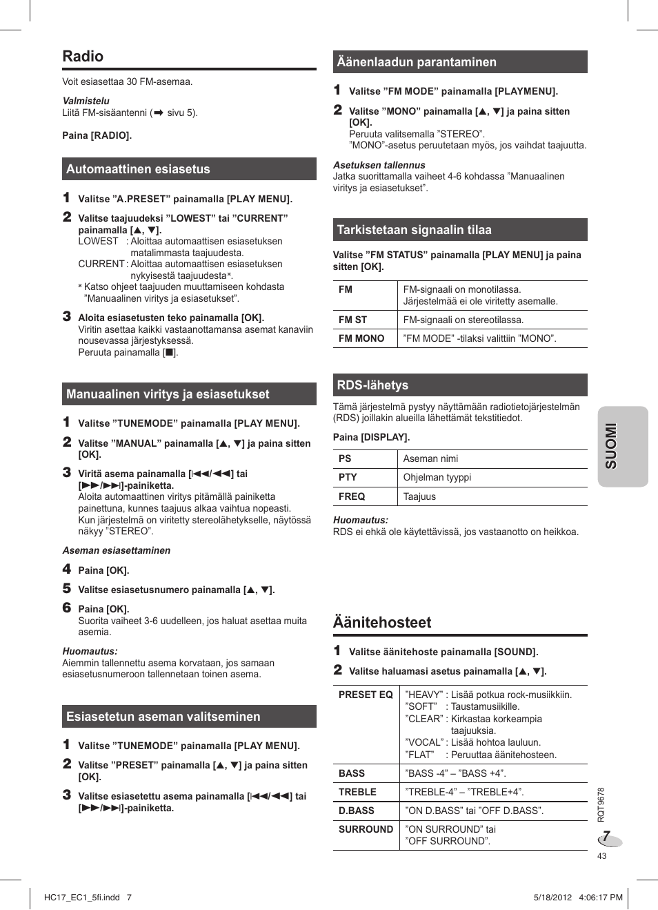 Radio, Äänitehosteet | Panasonic SCHC17EC User Manual | Page 43 / 64