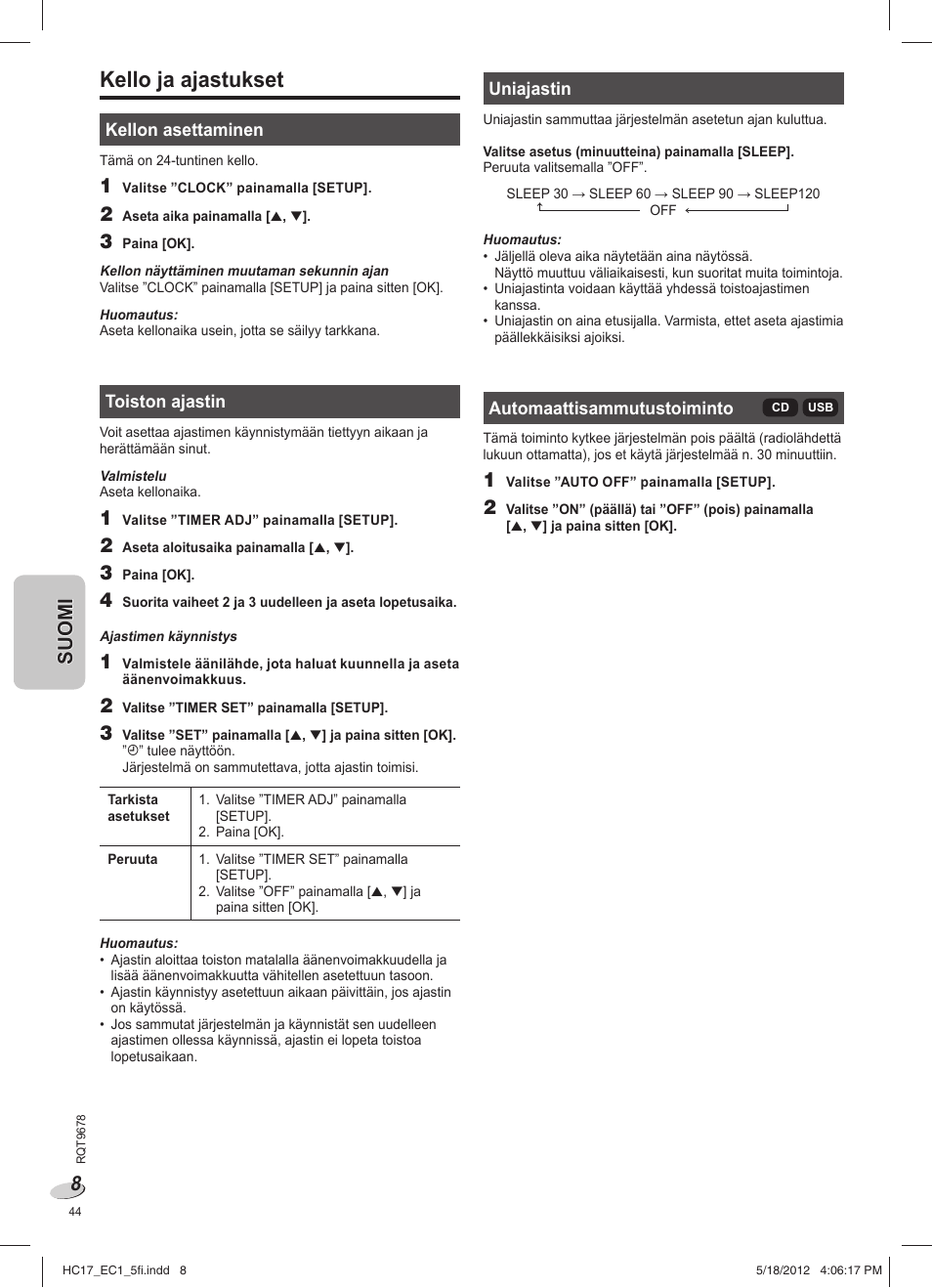 Kello ja ajastukset | Panasonic SCHC17EC User Manual | Page 44 / 64
