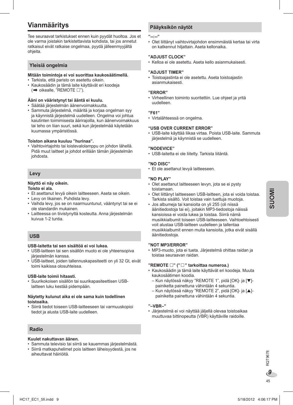 Vianmääritys | Panasonic SCHC17EC User Manual | Page 45 / 64