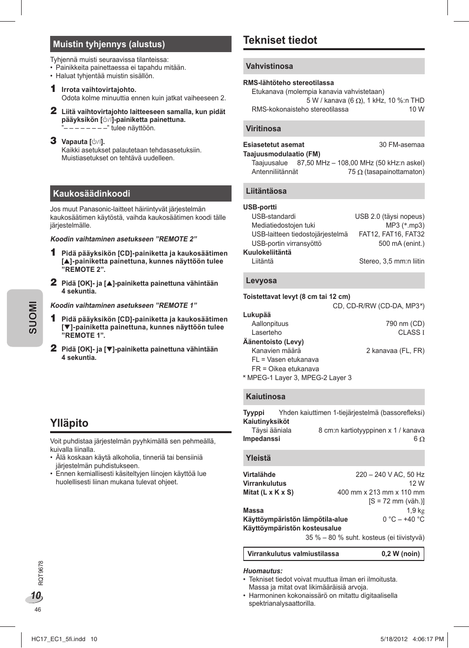 Tekniset tiedot, Ylläpito | Panasonic SCHC17EC User Manual | Page 46 / 64