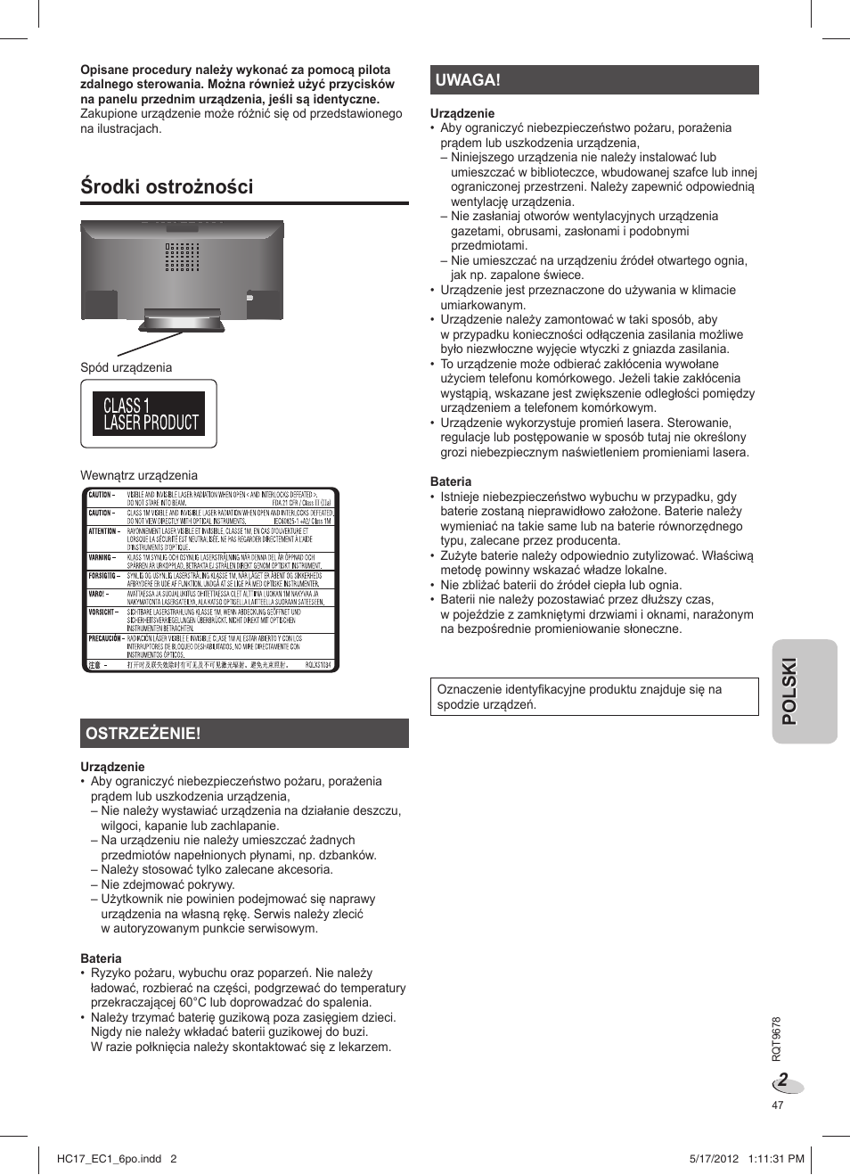 Sc-hc17ec_rqt9678-1e_6po, Środki ostrożności | Panasonic SCHC17EC User Manual | Page 47 / 64