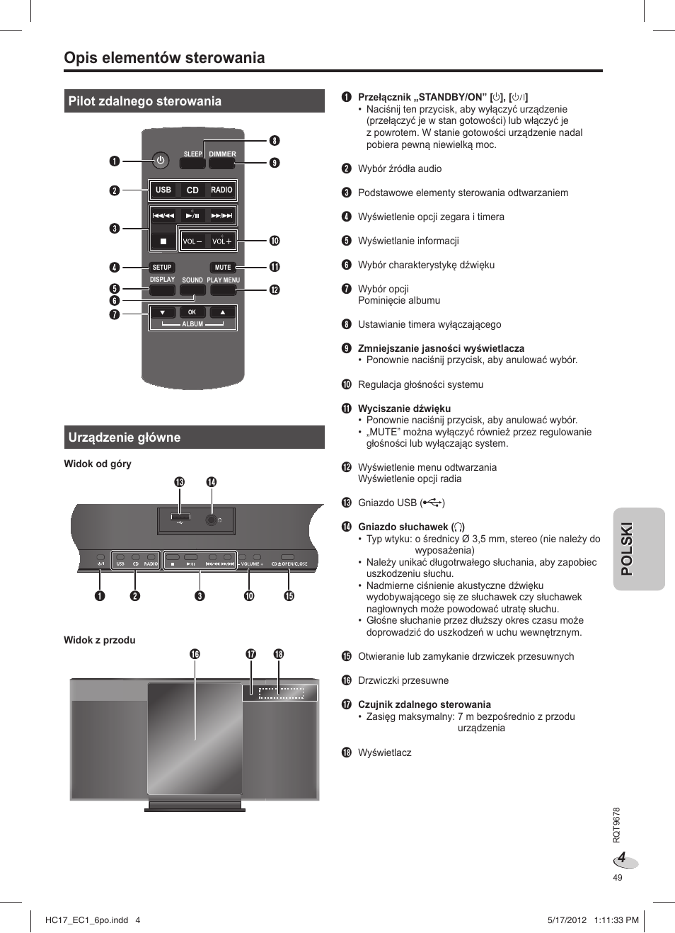 Opis elementów sterowania | Panasonic SCHC17EC User Manual | Page 49 / 64