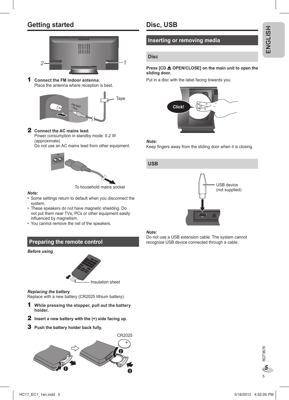 Disc, usb, Getting started, En g l is h english | Panasonic SCHC17EC User Manual | Page 5 / 64
