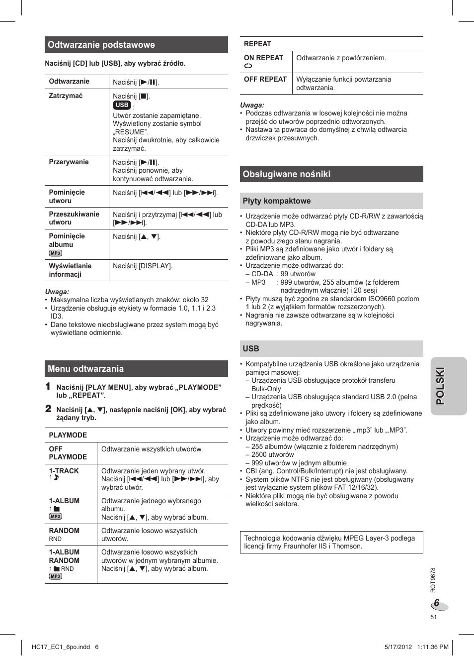 Odtwarzanie podstawowe, Menu odtwarzania, Obsługiwane nośniki | Panasonic SCHC17EC User Manual | Page 51 / 64