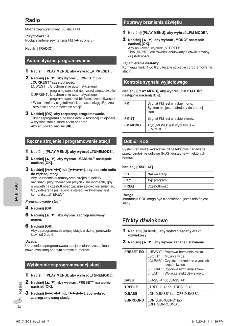 Efekty dźwiękowe, Radio | Panasonic SCHC17EC User Manual | Page 52 / 64