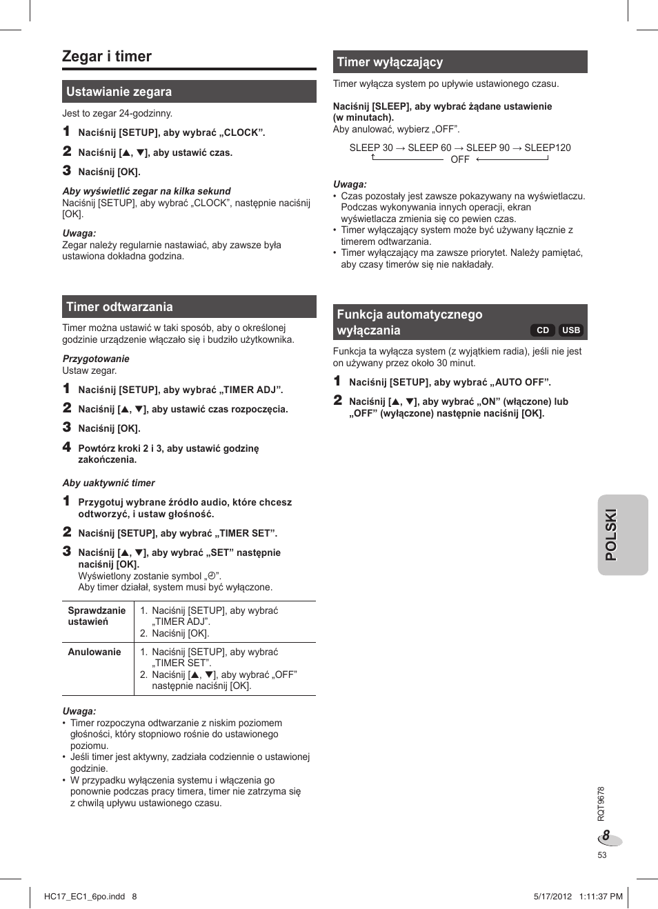 Zegar i timer | Panasonic SCHC17EC User Manual | Page 53 / 64