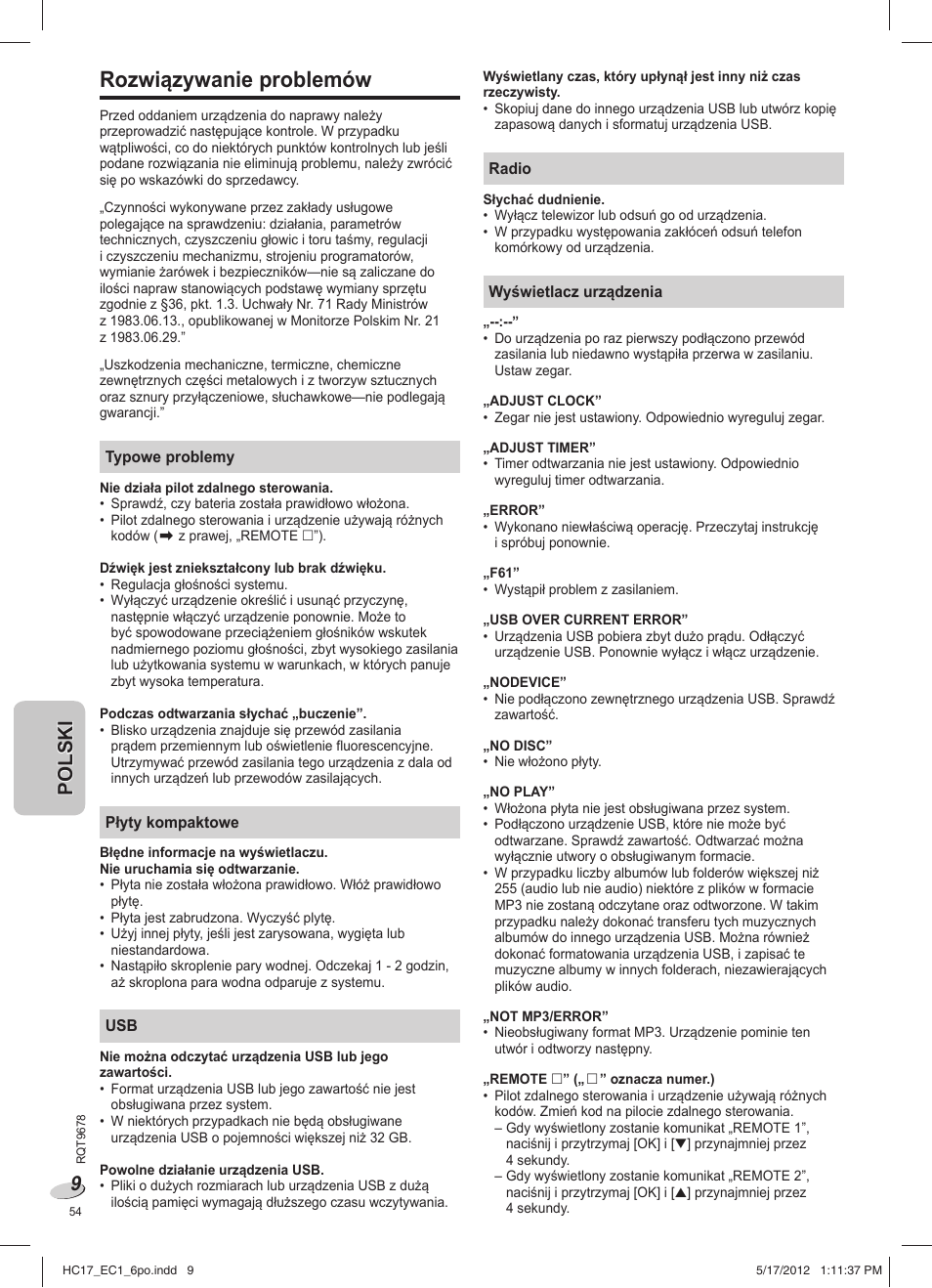 Rozwiązywanie problemów | Panasonic SCHC17EC User Manual | Page 54 / 64