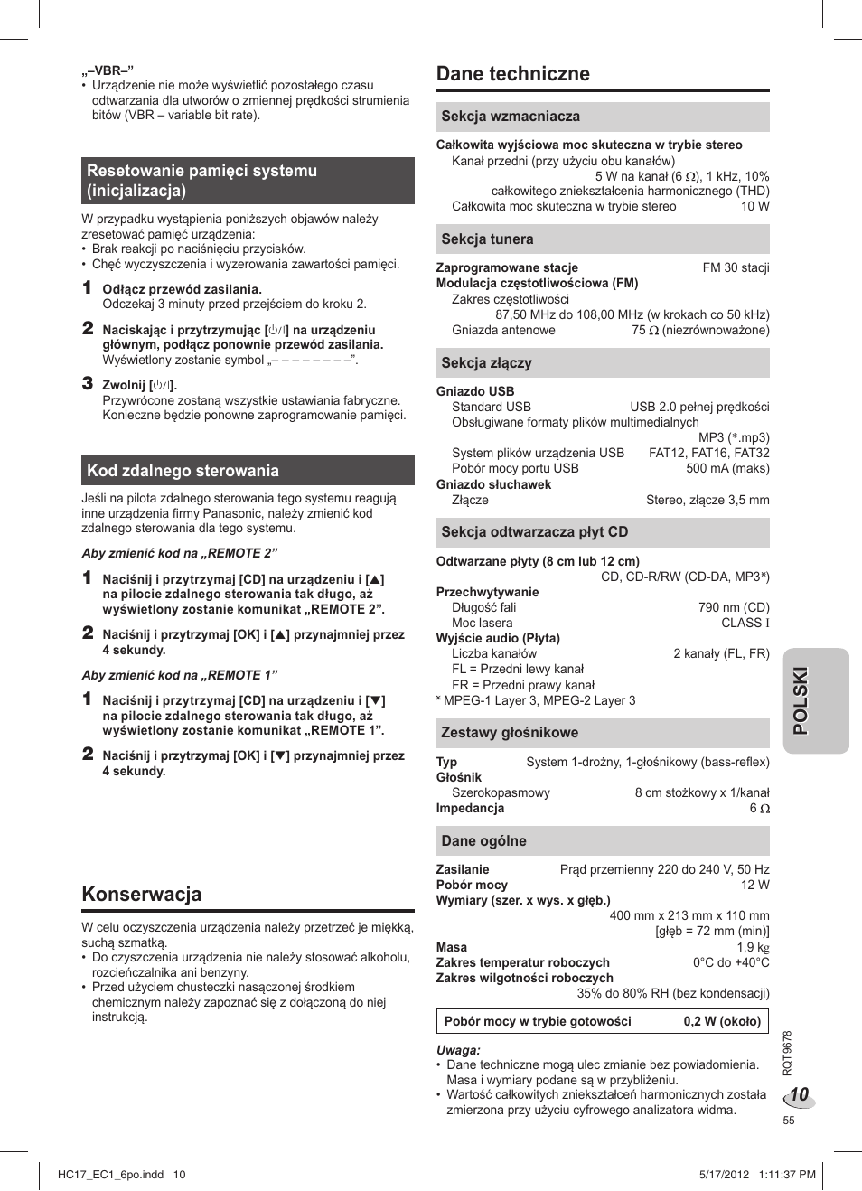 Konserwacja, Dane techniczne | Panasonic SCHC17EC User Manual | Page 55 / 64