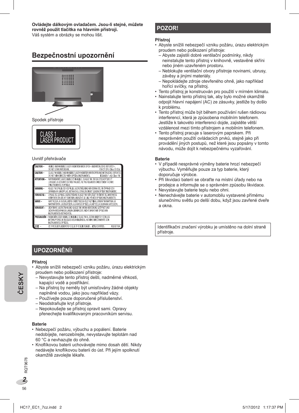 Sc-hc17ec_rqt9678-1e_7cz, Bezpečnostní upozornění | Panasonic SCHC17EC User Manual | Page 56 / 64