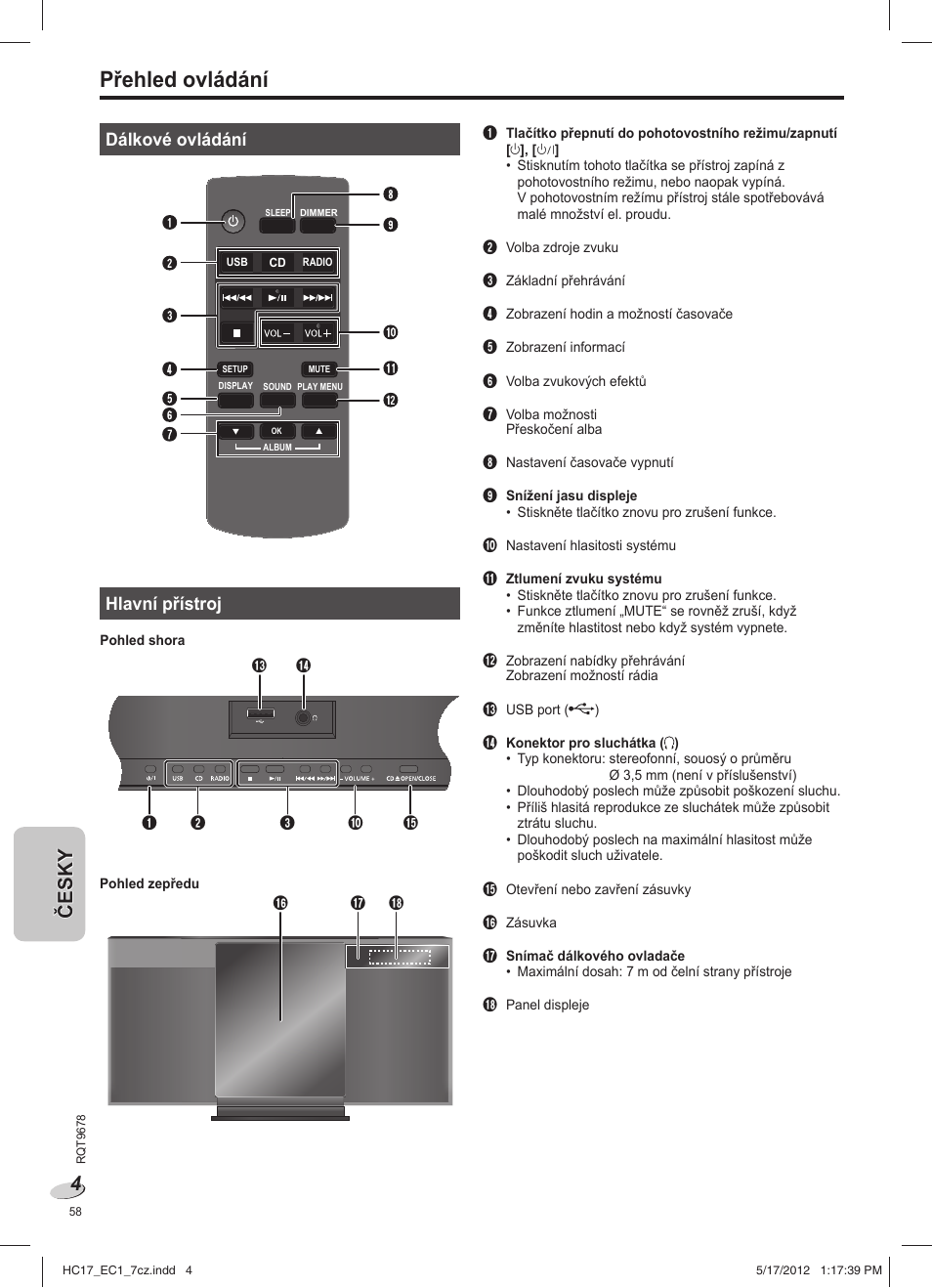 Přehled ovládání | Panasonic SCHC17EC User Manual | Page 58 / 64