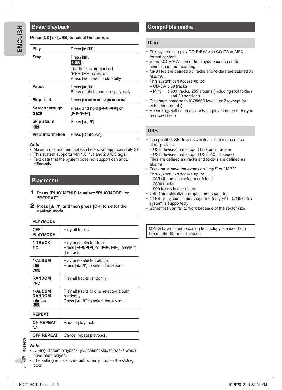 En g l is h english, Basic playback, Play menu | Compatible media | Panasonic SCHC17EC User Manual | Page 6 / 64