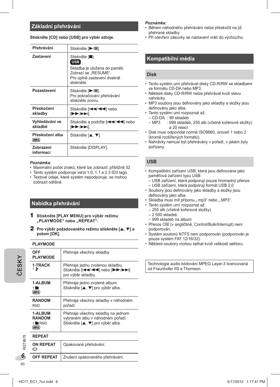 Základní přehrávání, Nabídka přehrávání, Kompatibilní média | Panasonic SCHC17EC User Manual | Page 60 / 64