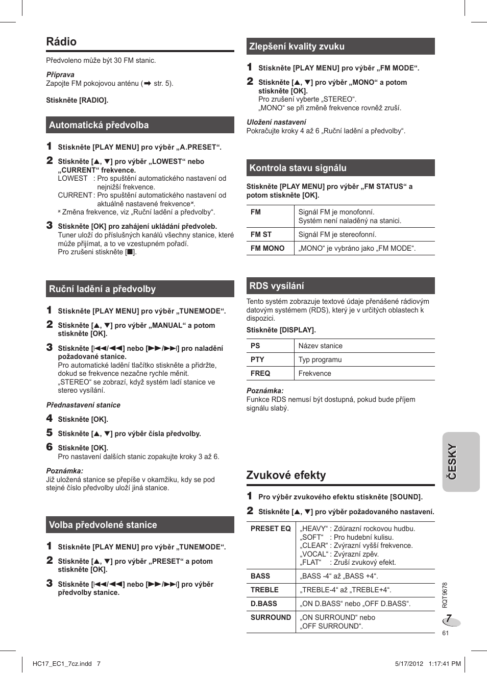 Rádio, Zvukové efekty | Panasonic SCHC17EC User Manual | Page 61 / 64